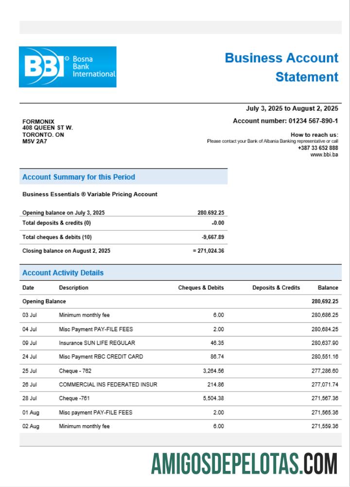 Modelo de extrato de conta firme do Bosna Bank em formato Word e PDF